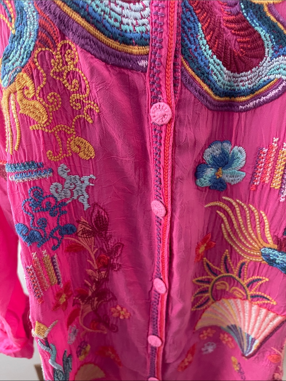 Johnny Was Hot Pink Embroidered Button-Down Shirt - Picture 4 of 11